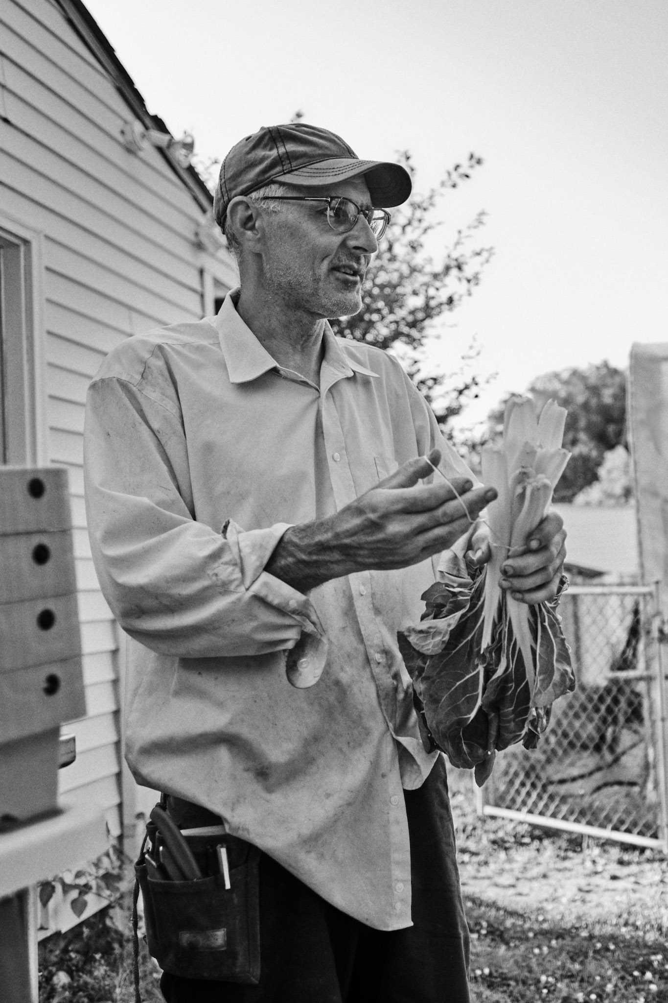 Eric putting a rubber band on a bunch of chard